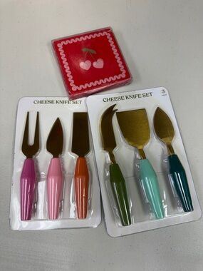 Colorful Gold-Blade Cheese Knife Sets - 6 count knives and 4 cherry coasters